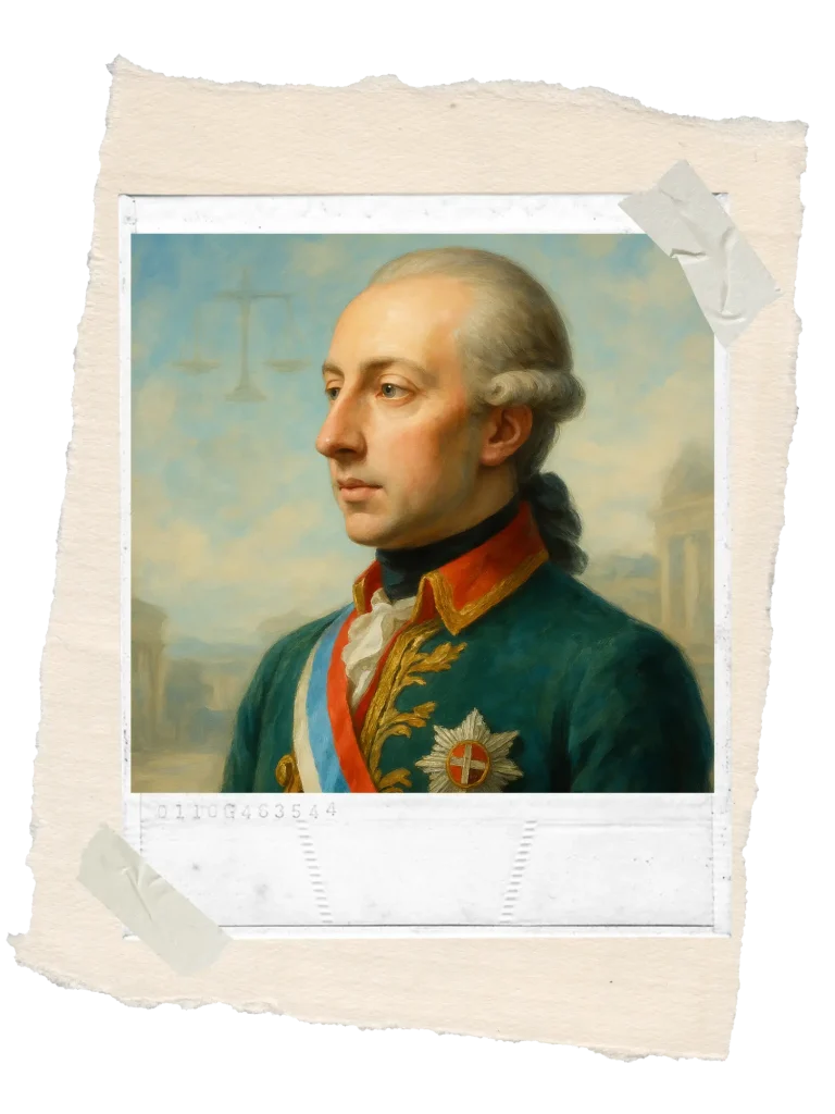 A portrait of Joseph II with cales in the upper left hand corner representing justice in Vienna.