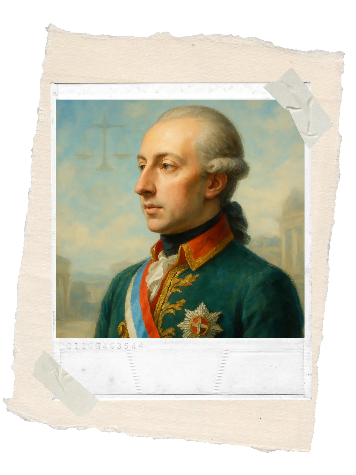 A portrait of Joseph II with cales in the upper left hand corner representing justice in Vienna.