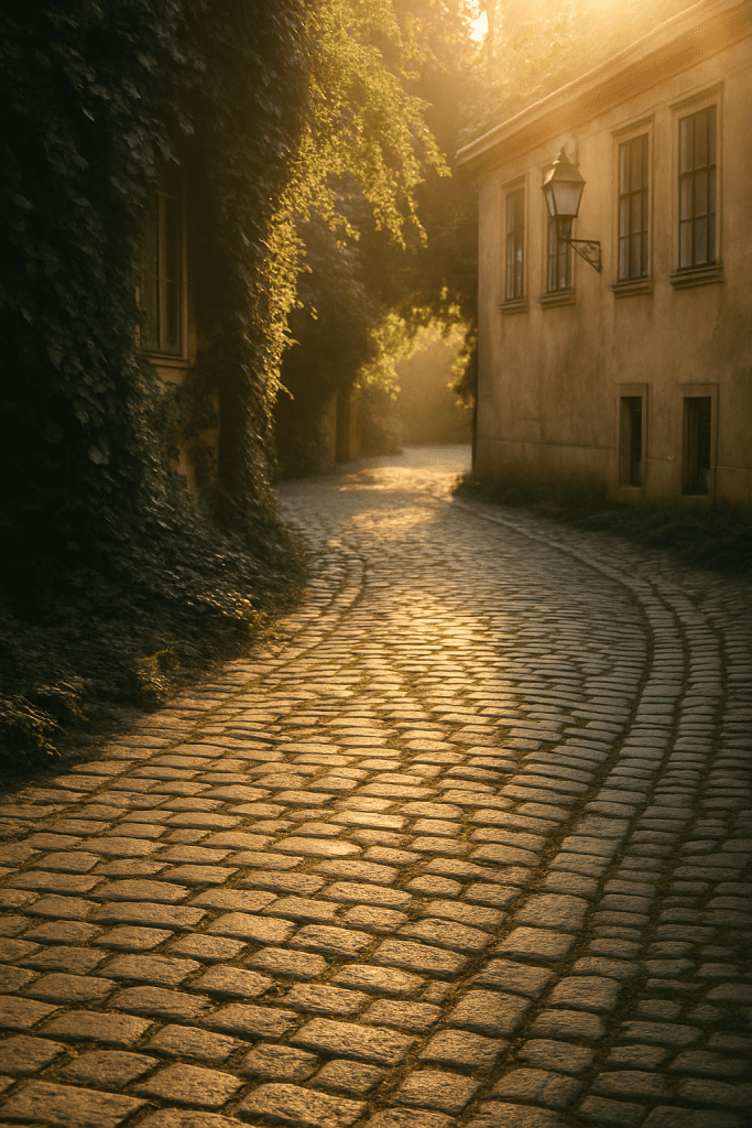 Hidden Vienna Stories: A golden-hour view down a cobblestone alley in Vienna, framed by ivy and aged façades