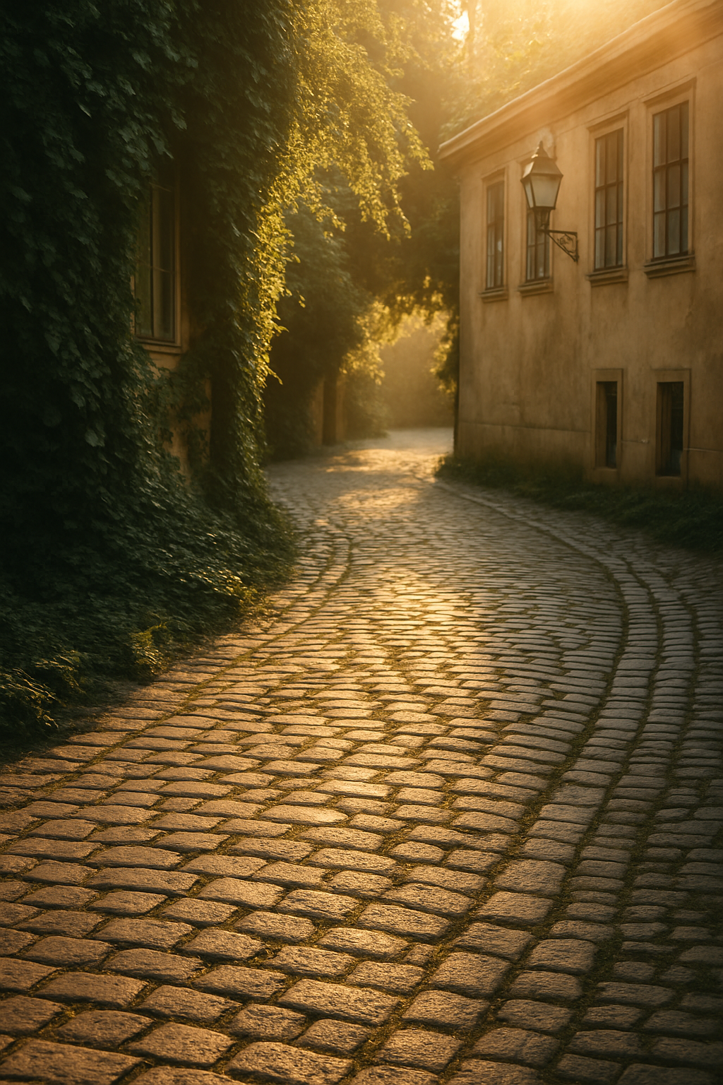 Hidden Vienna Stories: A golden-hour view down a cobblestone alley in Vienna, framed by ivy and aged façades