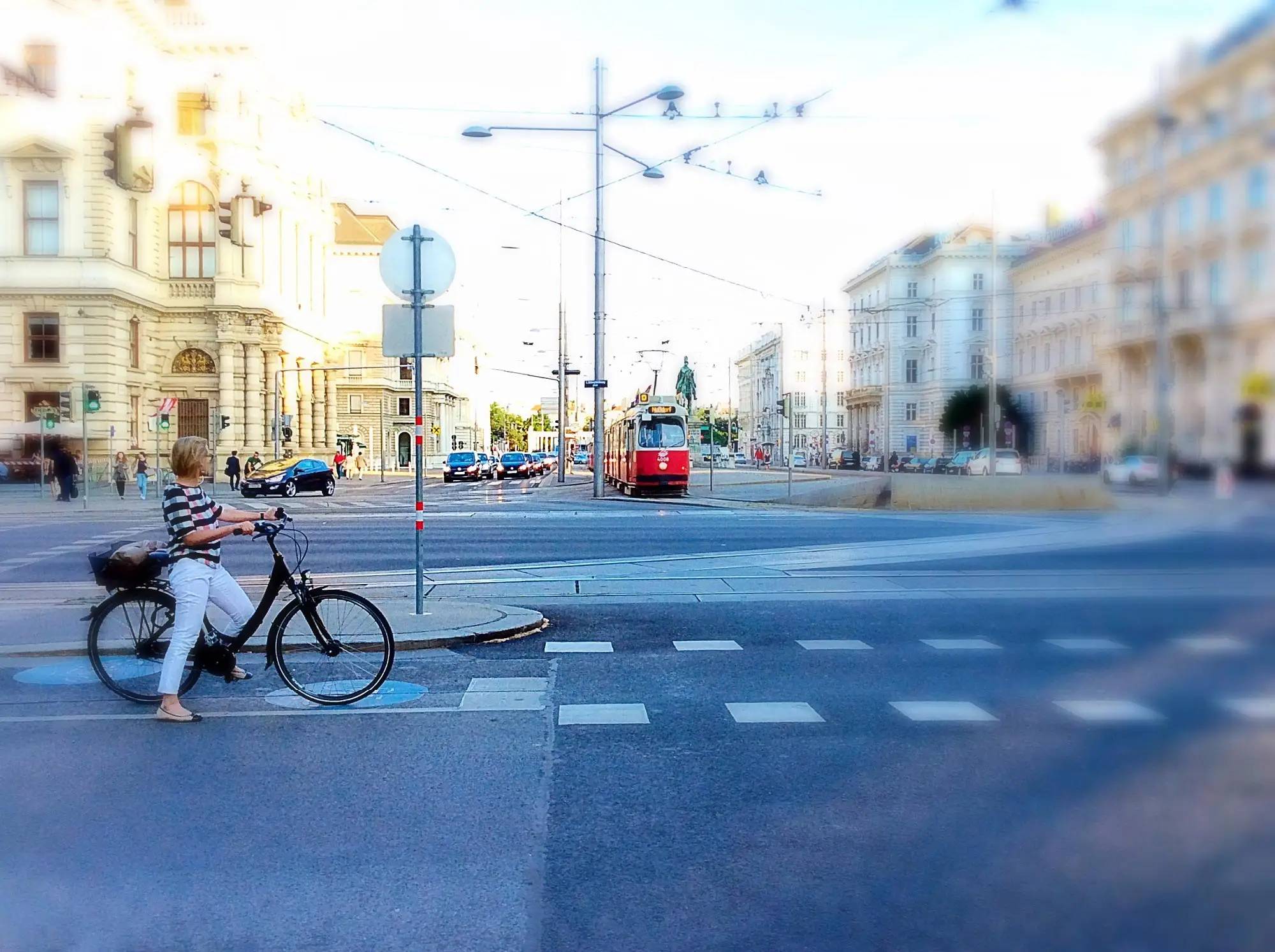Cyclist waiting at a crossing at Schwarzenbergplatz with a Vienna tram approaching in evening light.