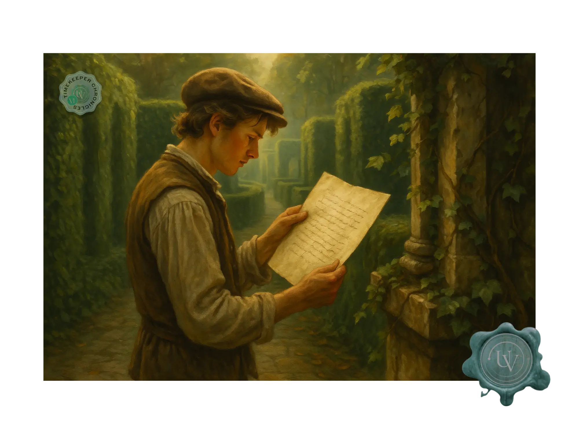 Christoph reads letter, a scene from The First Whisper, a Timekeeper Chronicles story.