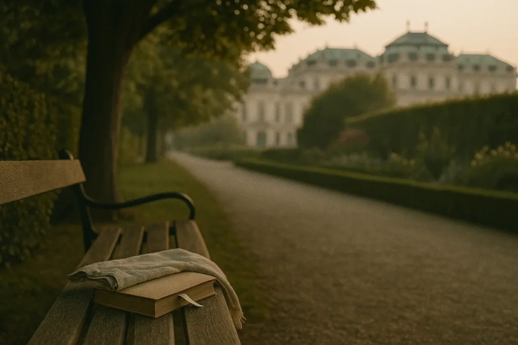 A notebook resting on a garden bench in Vienna, hinting at the city’s hidden stories.