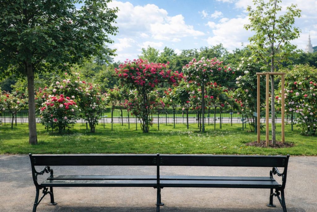 Bench facing the blooming rose garden in Vienna’s Volksgarten.