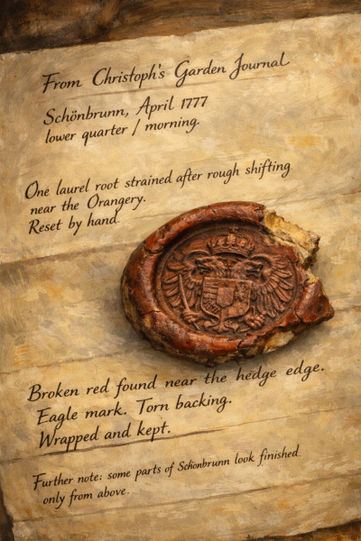 Christoph's garden journal entry: Preview image from The First Whisper reader preview with manuscript page and wax seal