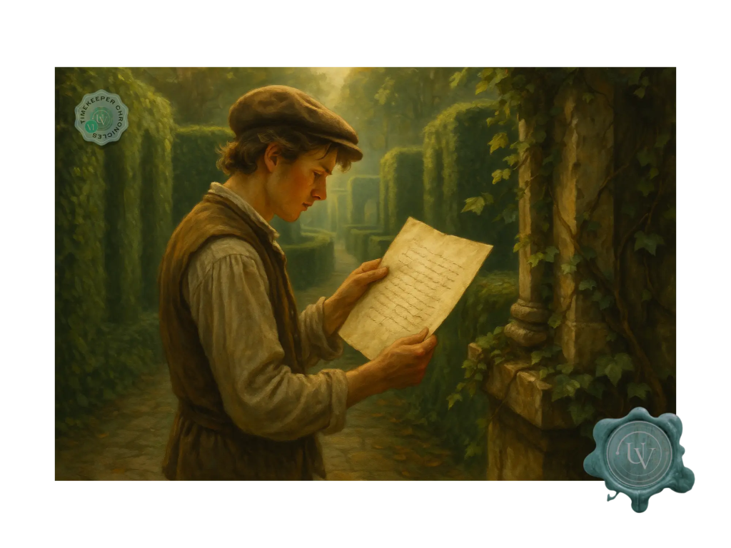 The Forgotten Gardeners of Schönbrunn Palace 2 Christoph reads letter, a scene from The First Whisper, a Timekeeper Chronicles story.