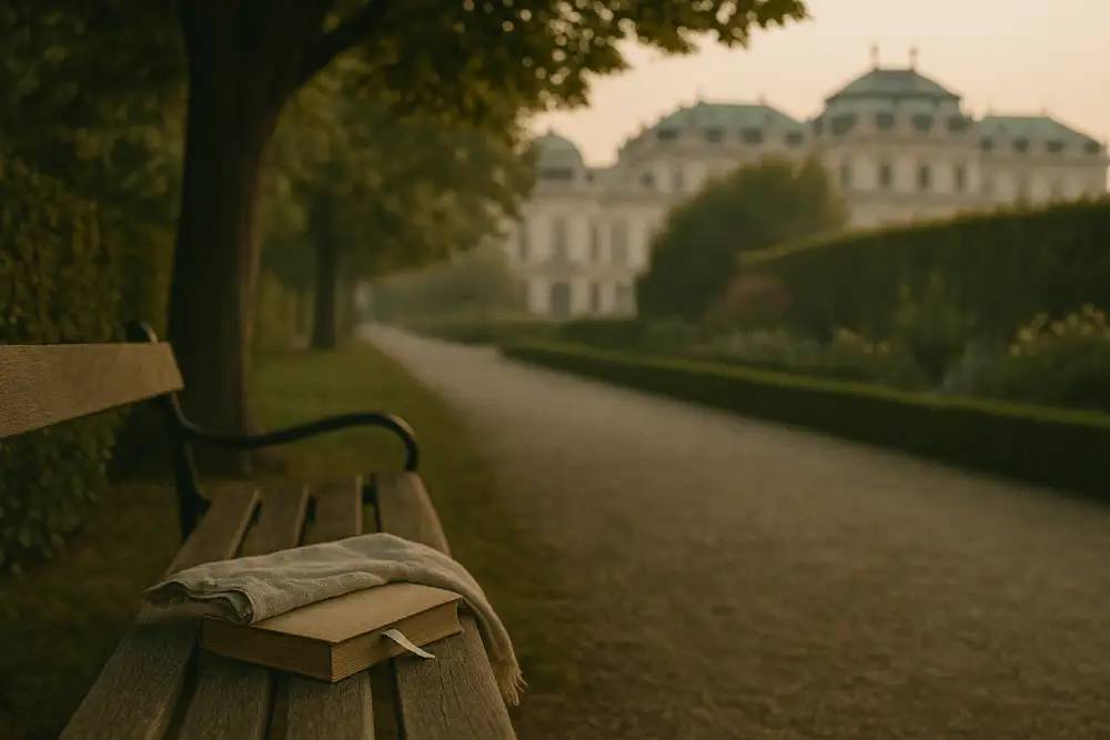 A notebook resting on a garden bench in Vienna, hinting at the city’s hidden stories.
