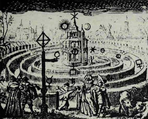 THE-LA~1 Goossen van Vreeswijk, ‘The Lapis Sanctuary’ (The Hermetic Labyrinth), copperplate engraving from ‘De Goude Leeuw,’ 1674.
