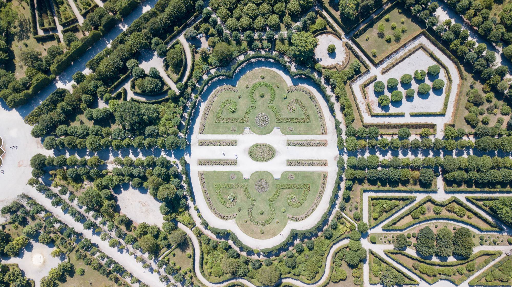 Baroque garden design at Schönbrunn with clipped hedges, straight paths, and symmetrical layout.
