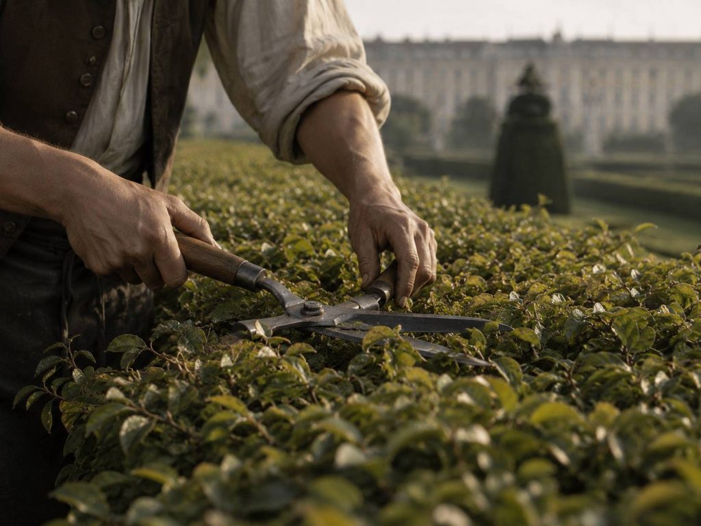Close-Up Hands and Hedge Work Close-up of hands trimming a hedge in a formal European garden.