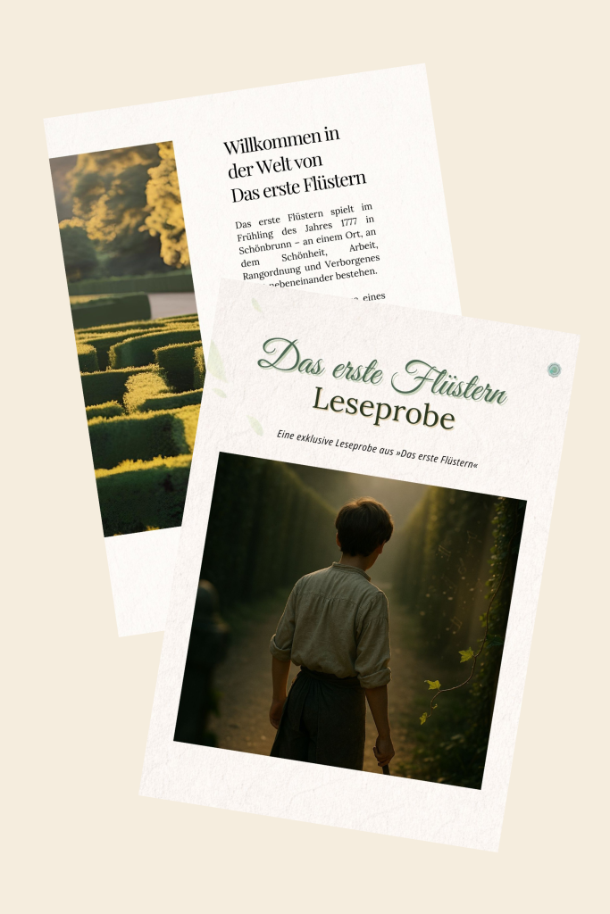 Mockup of The First Whisper Reader Preview showing the cover and welcome page on textured paper.
