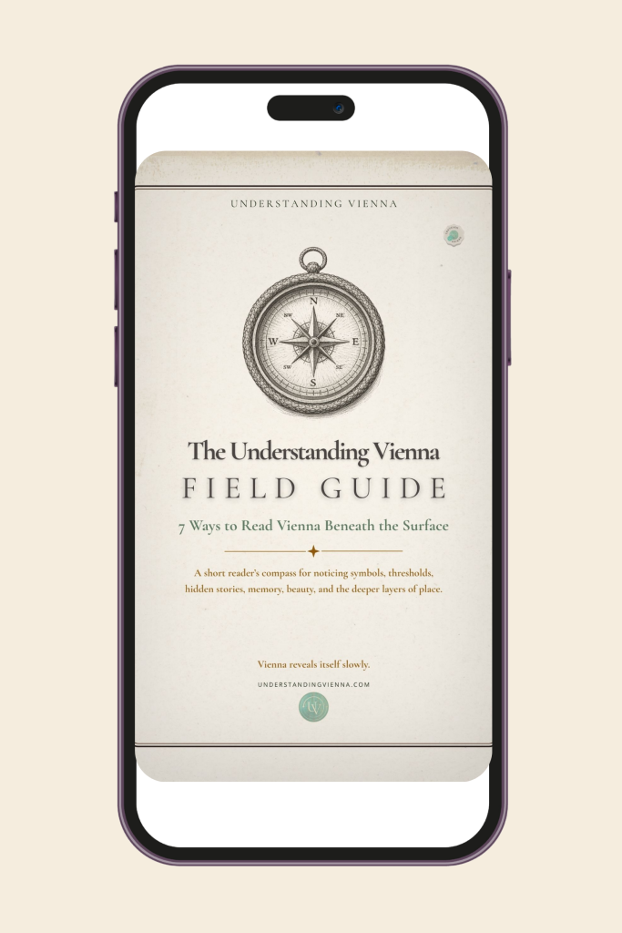 Phone mockup showing the cover of the Understanding Vienna Field Guide with a compass illustration.
