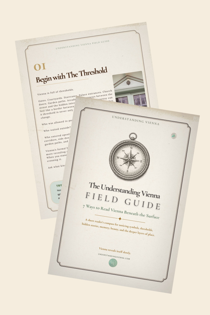 Mockup of the Understanding Vienna Field Guide showing the cover and an interior page on textured paper.