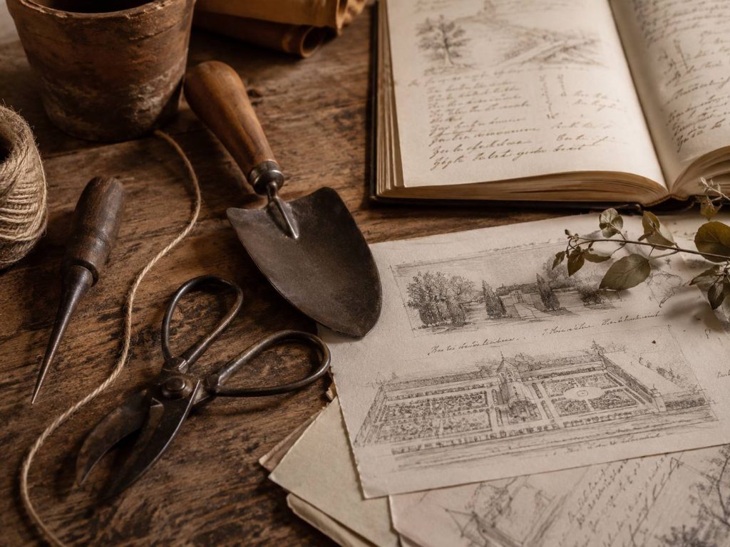 Garden Tools and Notebook The Forgotten Gardeners of Schönbrunn Palace: Eighteenth-century-style garden tools, notebook, and sketches on a wooden worktable.