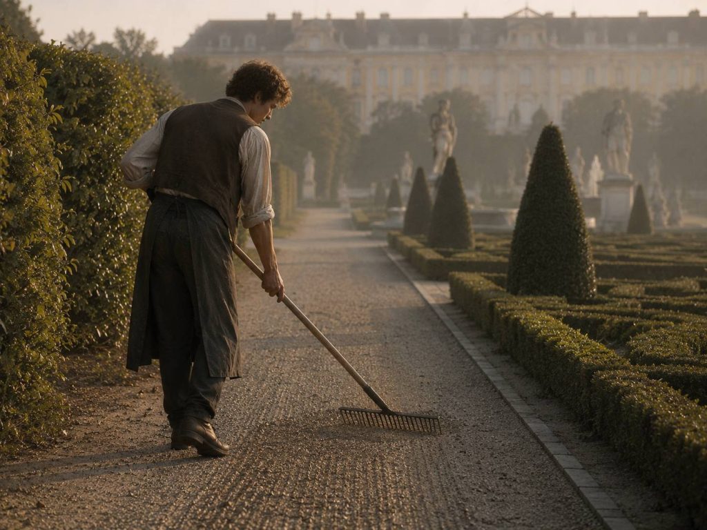 Gravel Path Being Raked Gardener raking a gravel path in the Schönbrunn Palace gardens in early morning light.