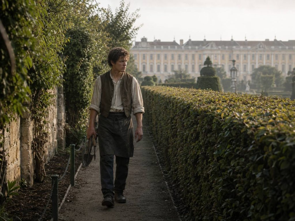 Historical Apprentice Gardener Young eighteenth-century apprentice gardener carrying tools along a formal garden path.