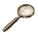 Black-and-white illustration of a vintage magnifying glass with a metal handle and round lens.