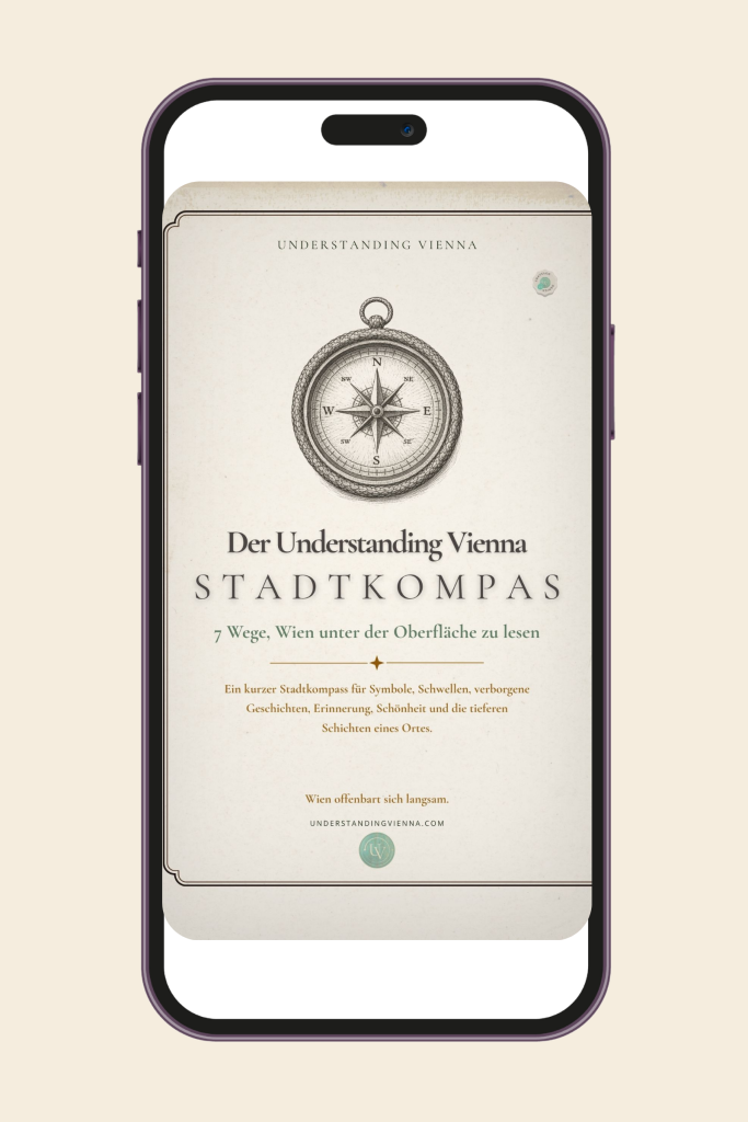 Stadtcompass_Payhip Mockup_1 Smartphone-Mockup mit dem Cover des Understanding Vienna Stadtkompass und einer Kompassillustration.