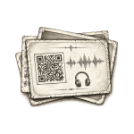 Vintage-style paper card with a QR code, sound wave, and headphones, suggesting a digital companion to the printed letter.
