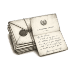 Vintage-style illustration of folded letters, an envelope with a wax seal, and an open handwritten literary letter.