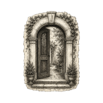 Vintage-style illustration of an open arched doorway with ivy and a garden path beyond.