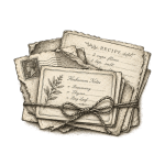 Vintage-style bundle of paper inserts with herbarium notes, recipe cards, botanical sketches, and twine.