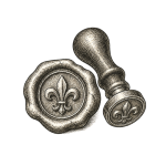 Vintage-style illustration of a wax seal and sealing stamp with an engraved emblem.