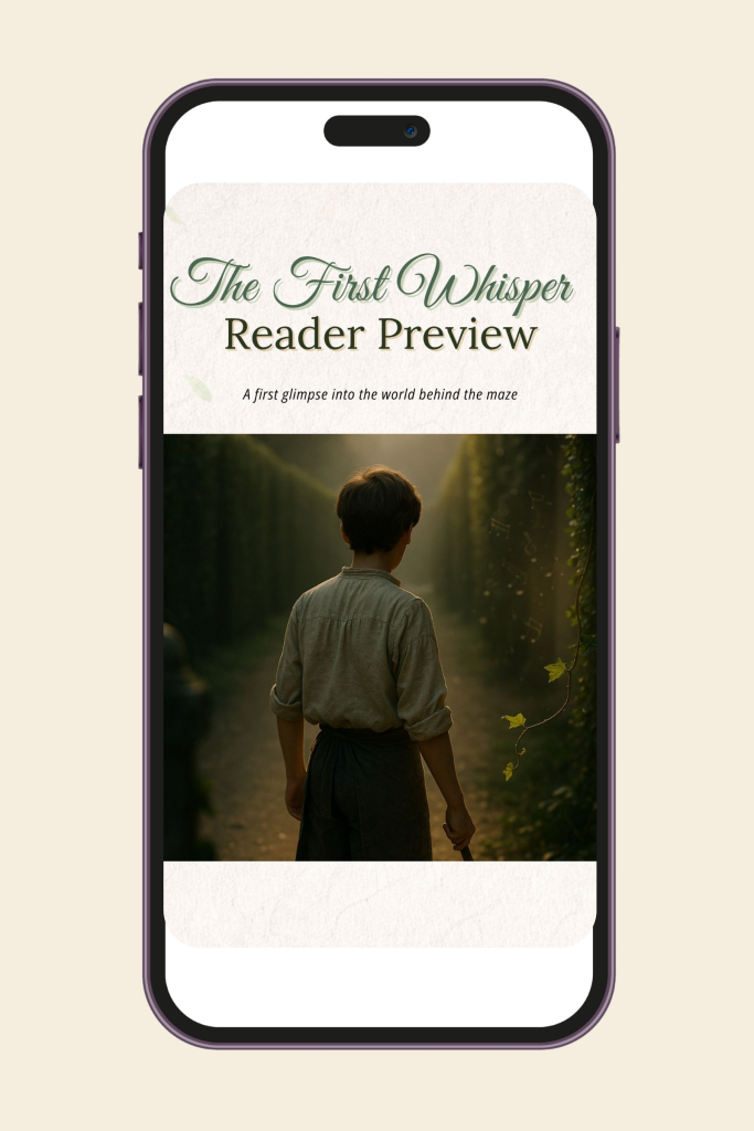 Phone mockup showing the cover of The First Whisper Reader Preview with a boy walking into a green maze.
