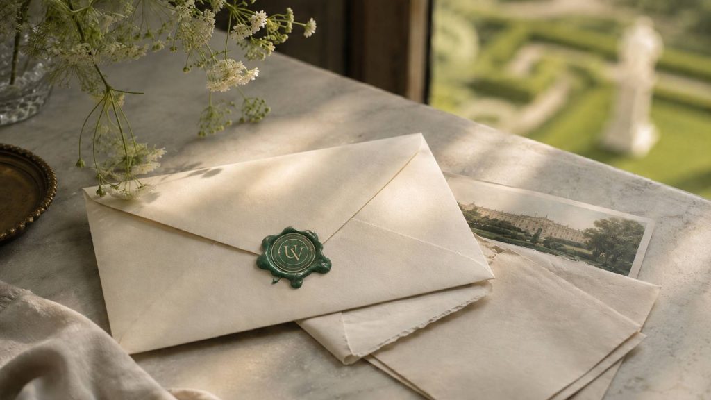 Hhdden-post-from-vienna Sealed ivory envelope with a green UV wax seal, folded letter, and postcard edge on a softly lit table with a blurred garden view beyond the window.