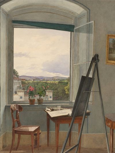 Nineteenth-century interior with an easel, drawing table, wooden chair and potted flowers beside a large open window overlooking gardens, low buildings and the wooded hills towards Dornbach.