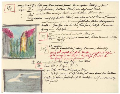 Handwritten diary page by Arnold Schönberg with dated German weather observations in black and red ink and two small coloured landscape sketches showing changing sky and light conditions.