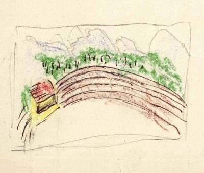 Small coloured landscape sketch by Arnold Schönberg showing a red-and-yellow railway carriage beside several curving tracks, with green trees and outlined mountains in the background.
