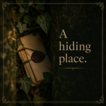 A sealed letter hidden among ivy and tree roots, with the words “A hiding place,” suggesting a protected space for slower attention.
