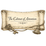 Der Salon 6 Vintage parchment scroll with an antique key and tassel, titled The Cabinet of Attention.