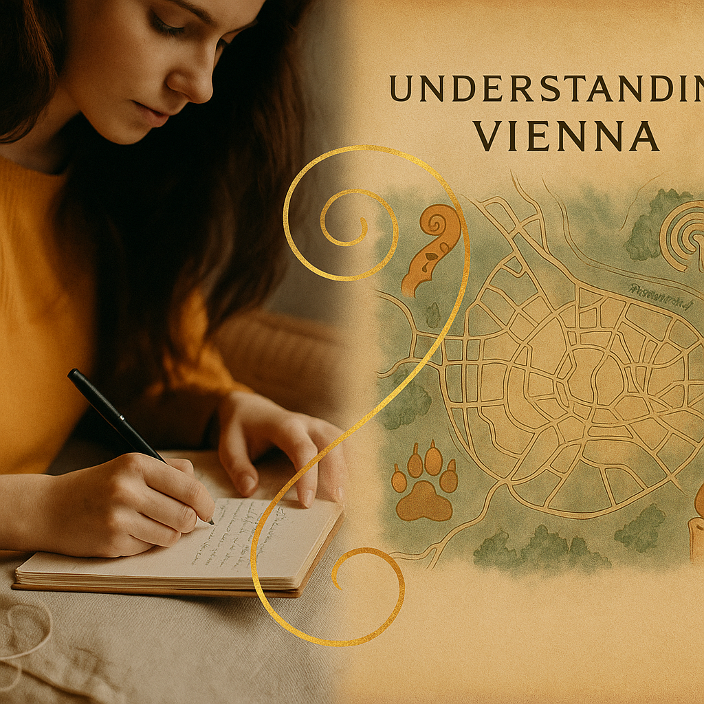 childs-eye-notebook-map-observation A young woman writing in a notebook beside a hand-drawn map and symbols, evoking childlike observation and slow attention.