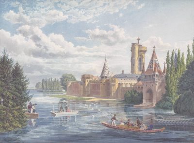 Early nineteenth-century coloured view of the Franzensburg in Laxenburg, rising beside a broad lake beneath a cloudy sky, with trees, waterbirds and two pleasure boats carrying visitors through the palace park.