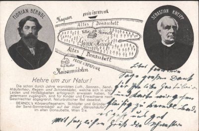 Historical postcard promoting Florian Berndl’s nature-cure retreat on the Gänsehäufel, with portraits of Florian Berndl and Sebastian Kneipp, a hand-drawn map of the island and German text advertising natural bathing treatments.