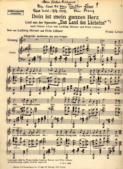 Printed vocal and piano score for Franz Lehár’s song “Dein ist mein ganzes Herz” from the operetta Das Land des Lächelns, with musical notation, German lyrics and a handwritten dedication dated 1929 across the top.