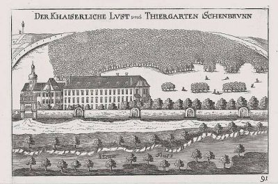 Seventeenth-century engraving of early Schönbrunn, with a long imperial residence below a wooded game preserve, grazing animals and the Wien River in the foreground.