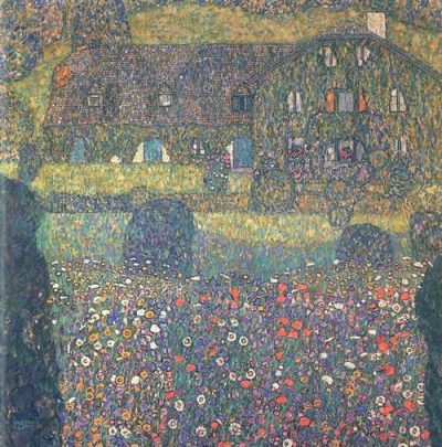 Gustav Klimt painting of a dark wooden farmhouse partly covered by foliage, with fruit trees, tall grasses and a dense meadow of red, white, yellow and purple flowers in the foreground.