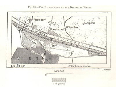 Historical black-and-white map titled “The Rectification of the Danube at Vienna,” showing the regulated Danube, Floridsdorf, Donaustadt, Stadlau, Aspern, and newly planned quarters.