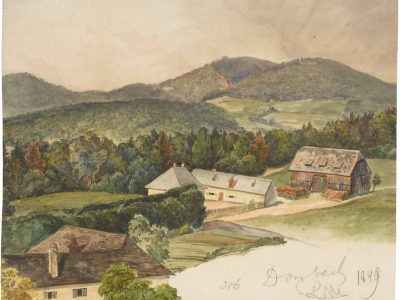 Watercolour view of Dornbach with scattered farm buildings, a barn, open fields and trees in the foreground, and low green hills rising in the background.