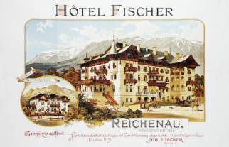 Historical illustrated postcard advertising Hôtel Fischer in Reichenau, with a large multi-storey hotel surrounded by trees and mountains, and a smaller inset view of another hotel building.