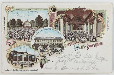 Historical illustrated postcard from Vienna-Hietzing showing the Hotel Hietzinger Hof, a crowded outdoor concert garden, an ornate ballroom and a separate event hall, with a handwritten message across the lower half.