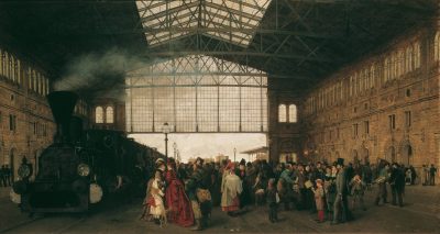 History of Sommerfrische: Nineteenth-century painting of a crowded platform inside Vienna’s Nordwestbahnhof, with a steam locomotive on the left, travellers gathered with children and luggage, and daylight entering through the station’s vast iron-and-glass roof.
