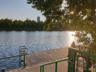 Wooden Naturfreunde bathing dock on the Alte Donau at sunset, with a metal swimming ladder, green railings, overhanging tree branches and a solitary person sitting beside the water. A modern high-rise rises beyond the trees.
