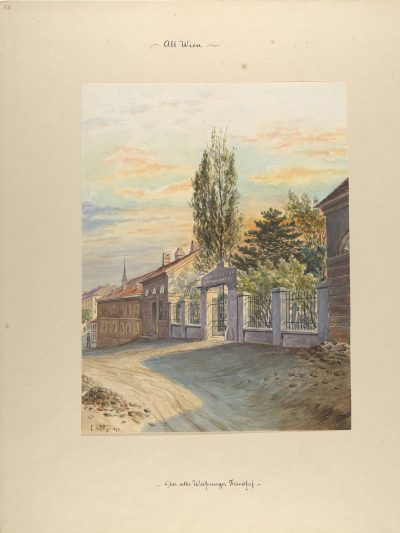 Historical watercolour of the old Währing Cemetery, showing a curving street beside its gated wall, tall trees rising within the grounds, neighbouring houses and a distant church spire beneath a softly coloured sky.