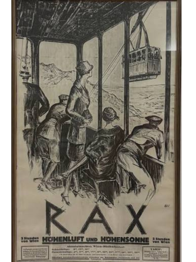 Historical black-and-white Rax travel poster showing passengers looking out from a mountain railway carriage as an aerial cable car passes above the alpine landscape. Large text advertises the Rax, mountain air and sunshine, three hours from Vienna.