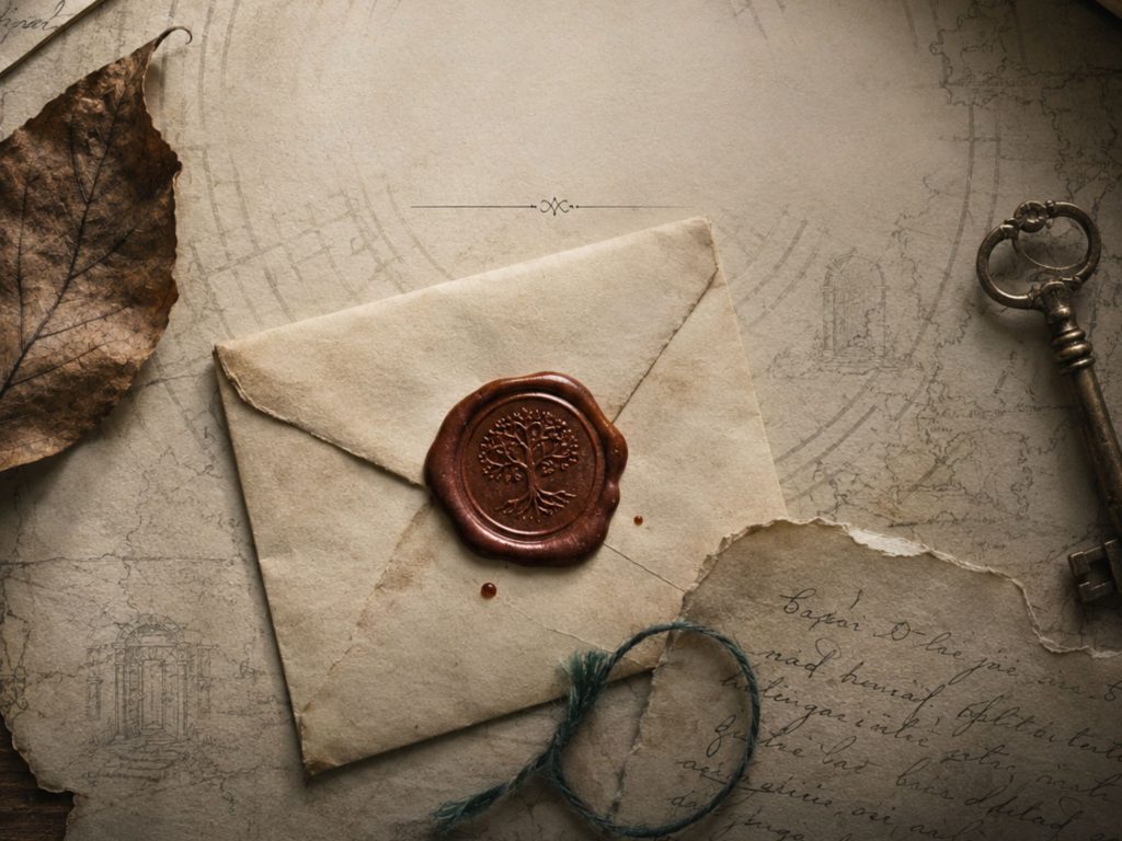 the key to the cabinet A sealed envelope resting on an old map beside an antique key, symbolising the invitation to enter the Cabinet of Attention and begin a quieter journey of observation.