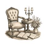 Vintage illustration of an upholstered salon chair beside a small table with a teacup, candlestick, flowers, and an open notebook, evoking the reflective atmosphere of The Salon.